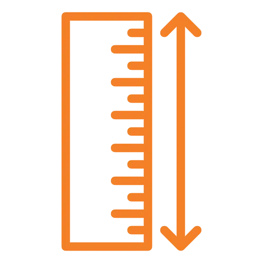 A imagem mostra um ícone de régua laranja em posição vertical ao lado de uma seta dupla, também laranja, apontando para cima e para baixo. Juntos, eles representam altura e medição - elementos essenciais para as plataformas usadas em trabalhos elevados. O fundo da imagem é transparente. Esse símbolo faz parte do visual da Tecnogera.