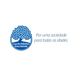 O logotipo azul apresenta uma árvore frondosa acima do nome "Casa dos Velhinhos Dona Adelaide". À direita, em letra azul e itálica, está a frase: "Por uma sociedade para todas as idades." O fundo branco realça as informações sobre a Tecnogera.