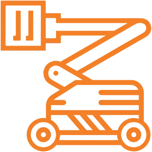 Um ícone moderno com contorno laranja de um cortador de grama virado para a direita aparece na imagem, acompanhado de um grande botão "pausa" no canto superior esquerdo. O design minimalista faz uma referência sutil às plataformas para trabalhos em altura, transmitindo as ideias de eficiência e segurança - qualidades que são prioridade na Tecnogera.