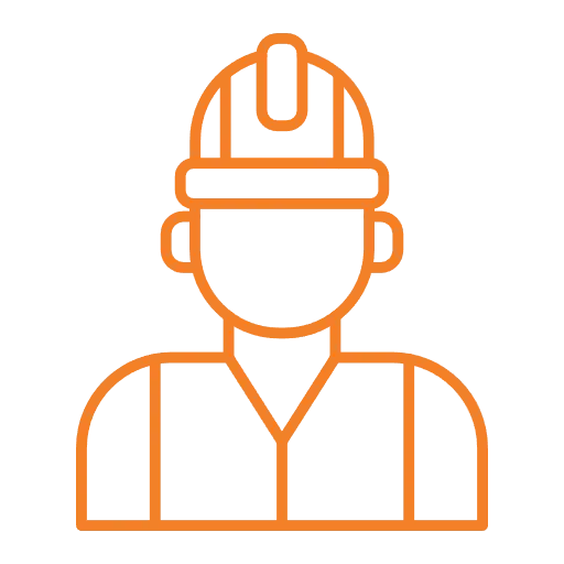 Ícone laranja com o contorno de uma pessoa usando capacete e colete de segurança, simbolizando um profissional da construção civil ou engenheiro envolvido no uso de plataformas para trabalhos em altura. A figura aparece dos ombros para cima, voltada para frente, com traços faciais simples. Esse ícone é utilizado no portal da Tecnogera.