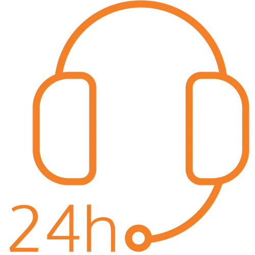 Um desenho laranja de um fone de ouvido com microfone é o destaque da imagem. À esquerda, logo abaixo, aparece o texto "24h", mostrando que a Tecnogera oferece suporte 24 horas para plataformas de trabalho em altura. O fundo da imagem é transparente.