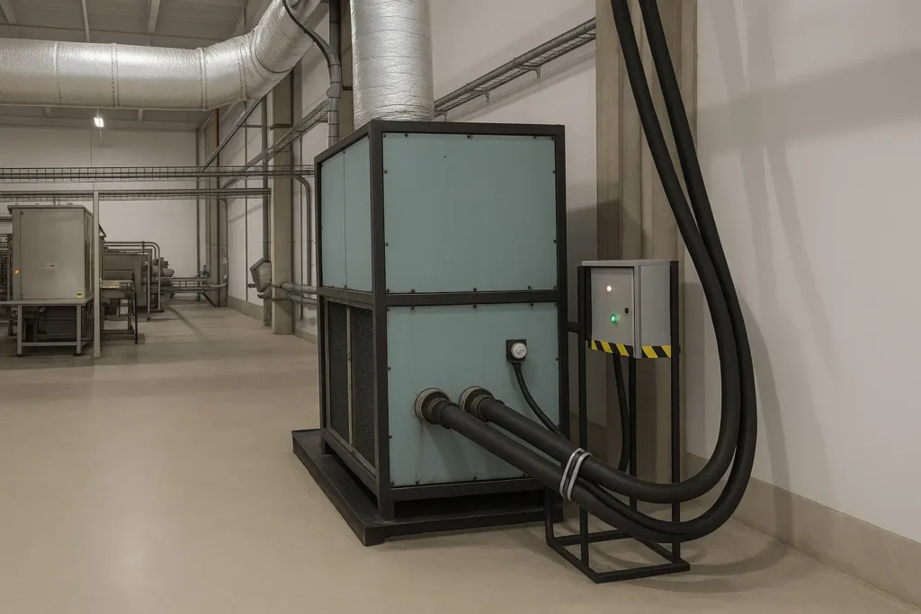 Uma grande unidade de climatização industrial com duas mangueiras pretas está posicionada sobre o piso de concreto, próxima a uma parede e ao lado de um pequeno painel de controle metálico com faixas de aviso. Os dutos no teto percorrem todo o ambiente, podendo ser acessados facilmente com as plataformas para trabalho em altura da Tecnogera.