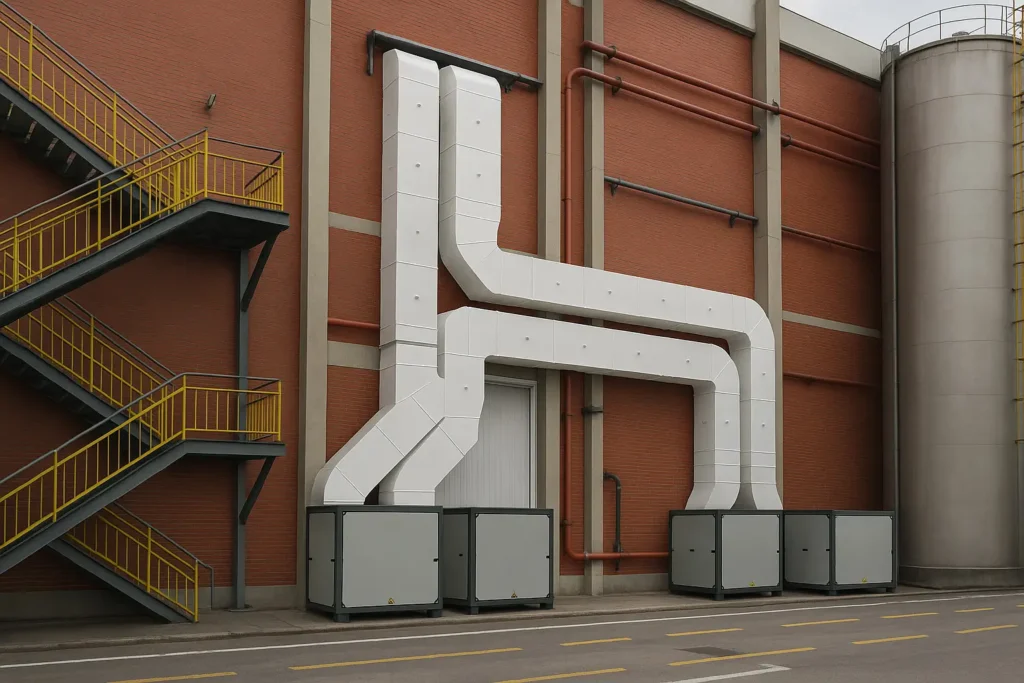 Quatro grandes dutos de ventilação brancos estão instalados em um prédio industrial de tijolos vermelhos. Ao lado, há uma escada metálica com corrimão amarelo e plataformas para trabalhos em altura, posicionadas próxima a um silo alto. O ambiente está limpo e organizado, refletindo o padrão de qualidade da Tecnogera.