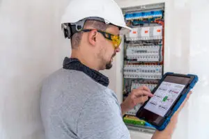 Um eletricista, usando capacete branco e óculos de proteção amarelos, opera um tablet ao lado de um painel elétrico aberto. Ele gerencia a energia de forma digital