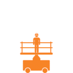 Ilustração animada mostra uma pessoa de capacete em cima da plataforma de uma tesoura elevatória, que está sendo erguida - um ótimo exemplo do uso de plataformas para trabalhos em altura. Toda a imagem é apresentada na cor laranja sobre um fundo branco, destacando o compromisso da Tecnogera com segurança e tecnologia.