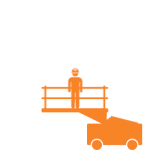 Um ícone laranja mostra uma pessoa de capacete de segurança em uma plataforma cercada, elevada por um braço mecânico. A imagem representa as práticas seguras para trabalhos em altura oferecidas pela Tecnogera.