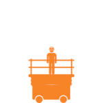 Ícone animado em laranja mostra um trabalhador da construção usando capacete, posicionado em plataformas para trabalhos em altura. O trabalhador levanta o guarda-corpo e prende seu cinto de segurança, demonstrando o uso correto dos equipamentos de proteção contra quedas fornecidos pela Tecnogera.