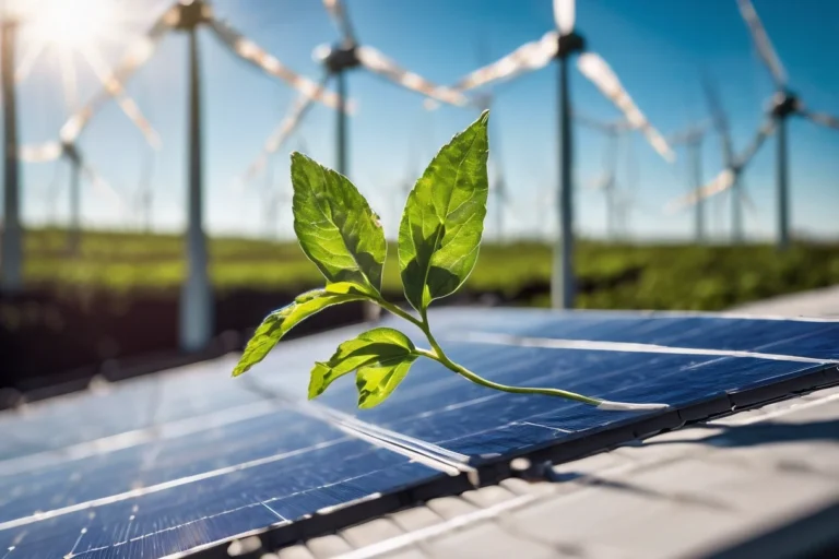 Uma muda verde brota de um painel solar em destaque, enquanto ao fundo os aerogeradores giram sob um céu azul. A imagem representa a energia híbrida e reforça o compromisso da Tecnogera com soluções renováveis e sustentáveis para o meio ambiente.