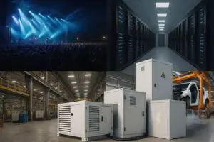 Montagem com show, data center, fábrica e linha de montagem, ilustrando projetos especiais da Tecnogera em vários setores.