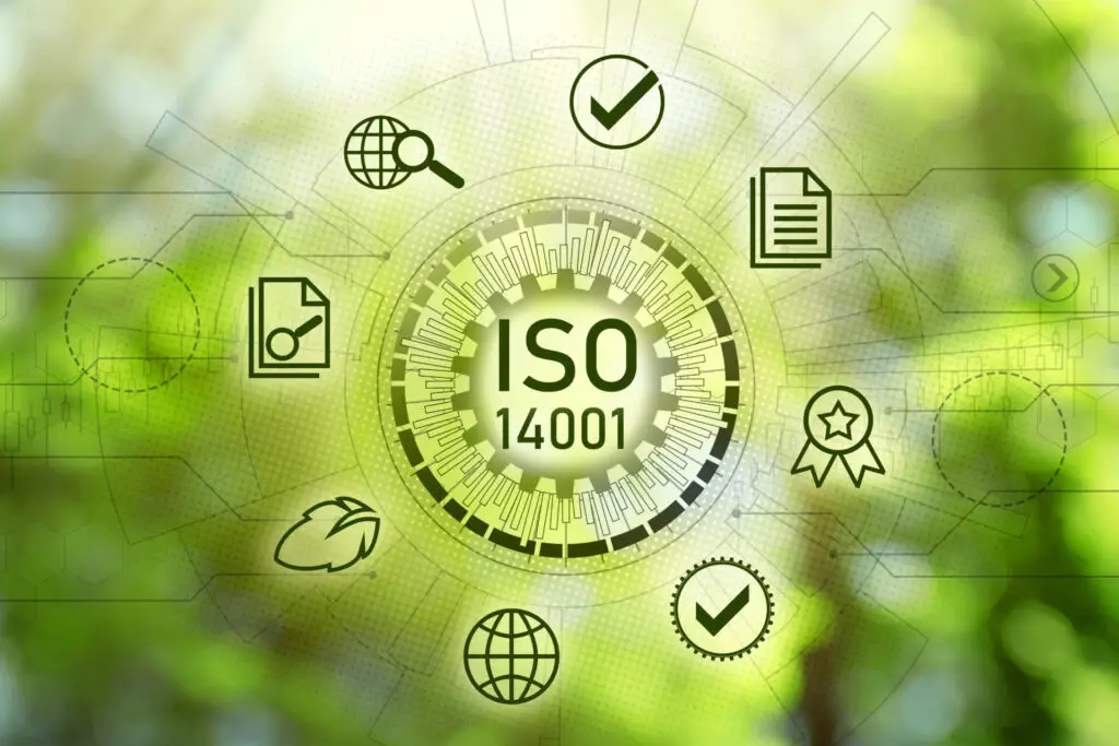 Na imagem, a ISO 14001 está no centro de um círculo com ícones ambientais. O fundo verde reforça o foco sustentável da Tecnogera.