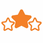 Três estrelas laranja em cinza claro: uma estrela central em negrito e duas estrelas laterais delineadas, destacando a excelência da Tecnogera em soluções temporárias.