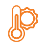 Ícone laranja da Tecnogera com termômetro em pé ao lado de engrenagem, representando controle ou ajuste de temperatura.