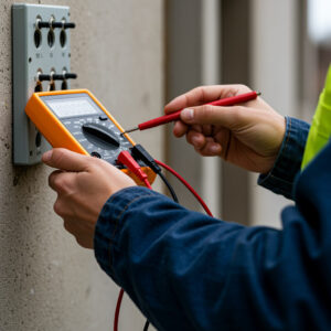 Profissional usando multímetro digital para medir tensão elétrica em painel, seguindo práticas seguras.