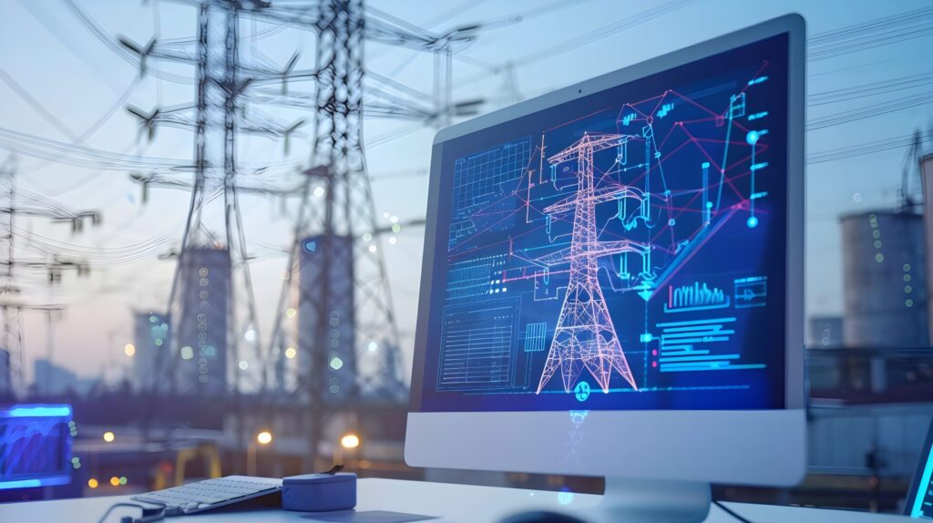 Um monitor mostra um projeto digital de torre de energia, com foco em tendências e digitalização do setor.
